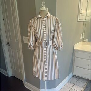 Johanna Ortiz Tan and White Striped Midi Dress
